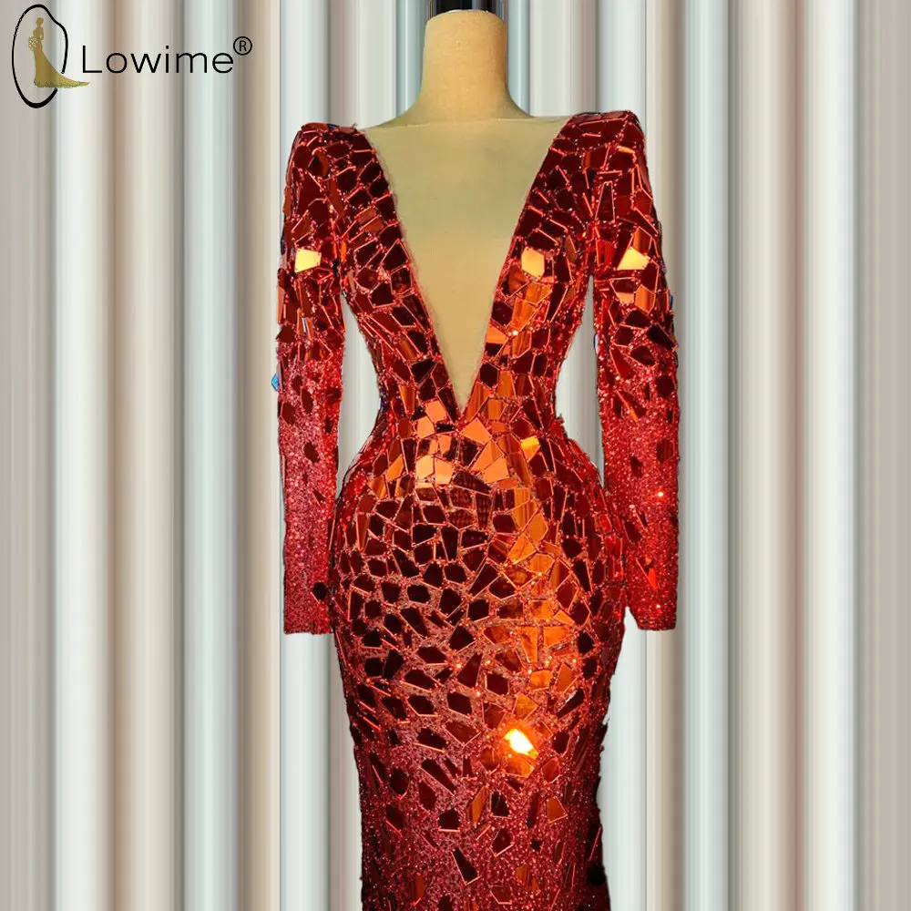 

Stunning Burgundy Long Sleeve Crystal Mermaid Evening Dresses Sexy V Neck Vestido De Festa Pageant Celebrity Vestidos