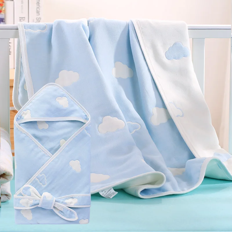 Herbabe, детские одеяла, хлопок, мультфильм, Младенческая пеленка для младенцев, обертывание, малыш, мальчик, халат для девочки, новорожденный, с капюшоном, спальное одеяло - Цвет: blue cloud-6 layers