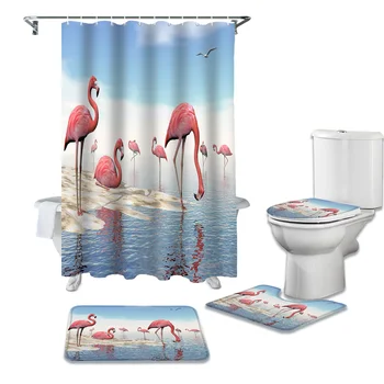 

Beach Flamingo Shower Curtains Set Bath Mat Set Toilet Cover Waterproof Shower Curtain Set Bath Mats Rugs