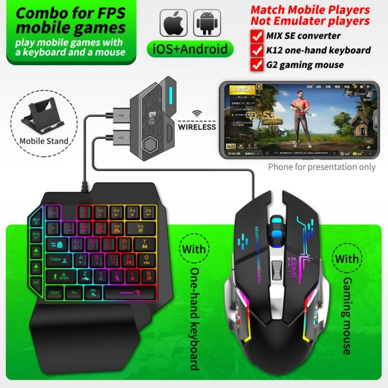 Mobile Game Keyboard and Mouse Adapter, PUBG/Call of Duty Controller Converter Wired/Wireless for Android/(iOS7-iOS13.3)