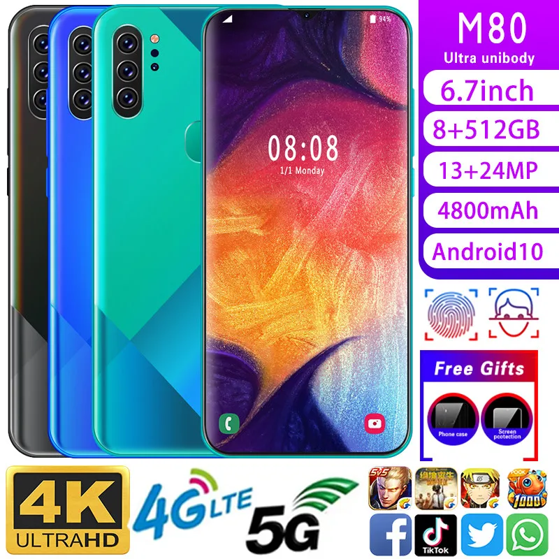 Mobile phone M80 Phone MTK6799 Cell phones 6.7inchHD+1440*3040 Cellphone 8GB+512GB Camera 13MP+24MP Unlocked smartphone