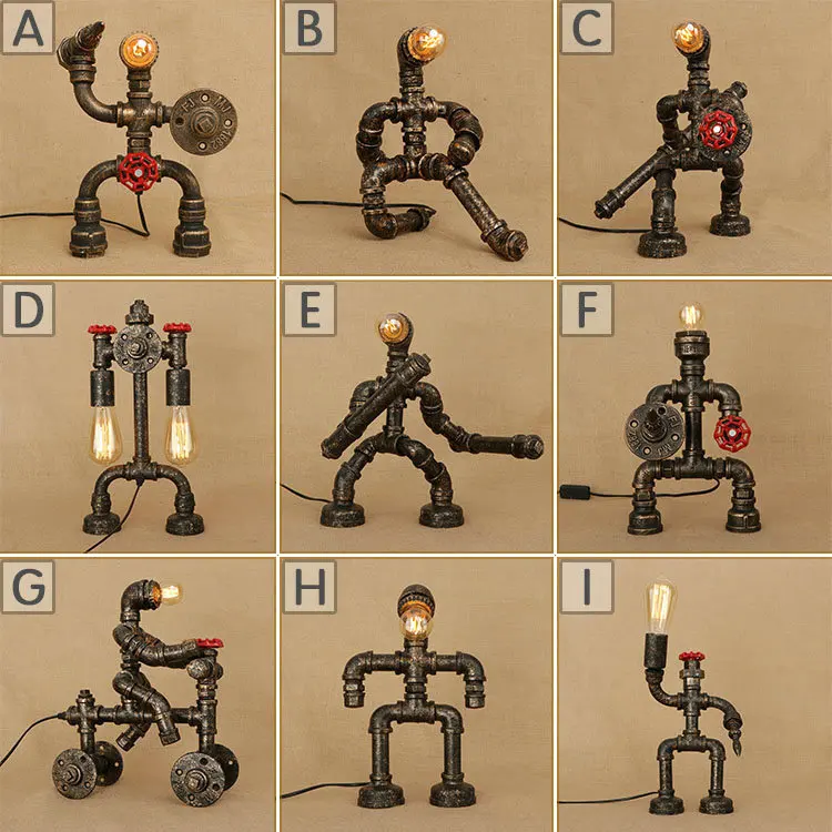 

RH American retro iron bedside study bar bedroom dining table decoration water pipe robot lamp