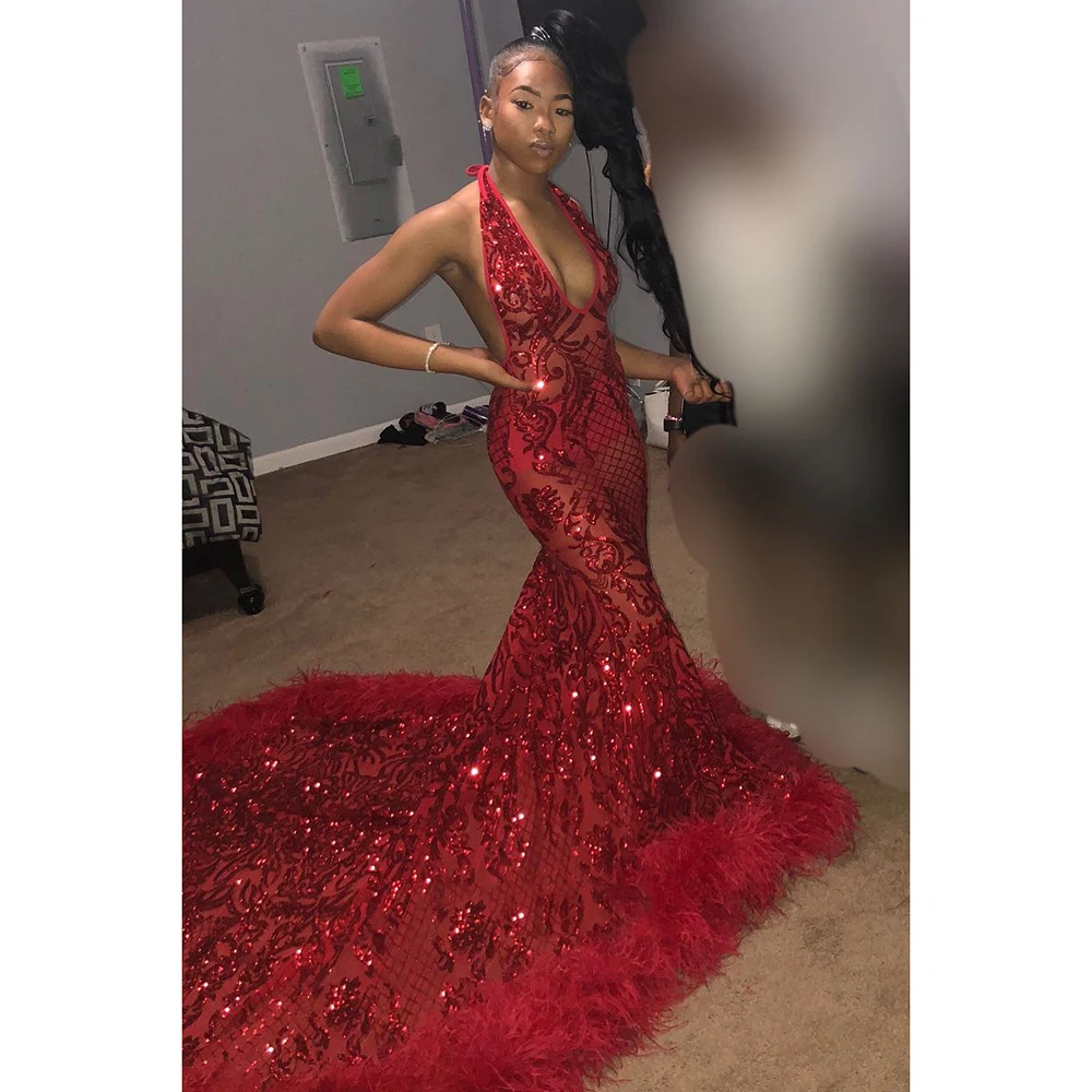 

Luxury Red Prom Dress 2019 Hater Deep V Neck Backless Mermaid Evening Dresses Long Sparkly Sequined Feathers Formal Dress CP163