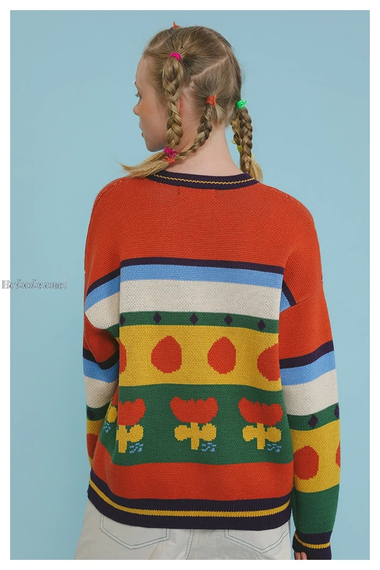 Осень, дизайн, модный цветной свитер с вышивкой, Женский вязаный хлопковый Повседневный пуловер с круглым вырезом, свитер