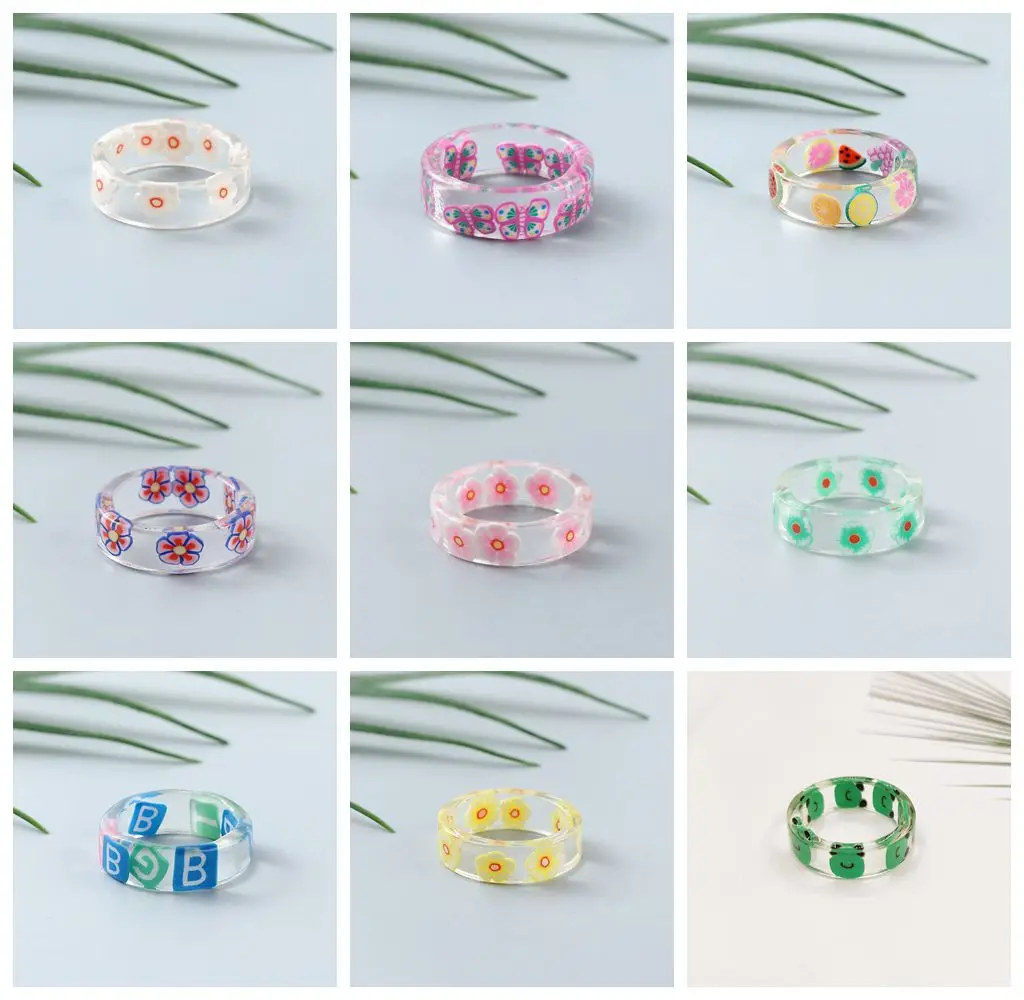 Кольцо из акриловой смолы женское цветное прозрачное с фруктами цветами