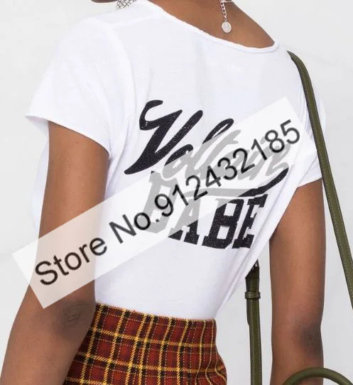 Ladies V Neckline With Button Detail Short Sleeve Letter Printing Cotton T-shirt Top Features Rhinestone Patchwork | Женская одежда
