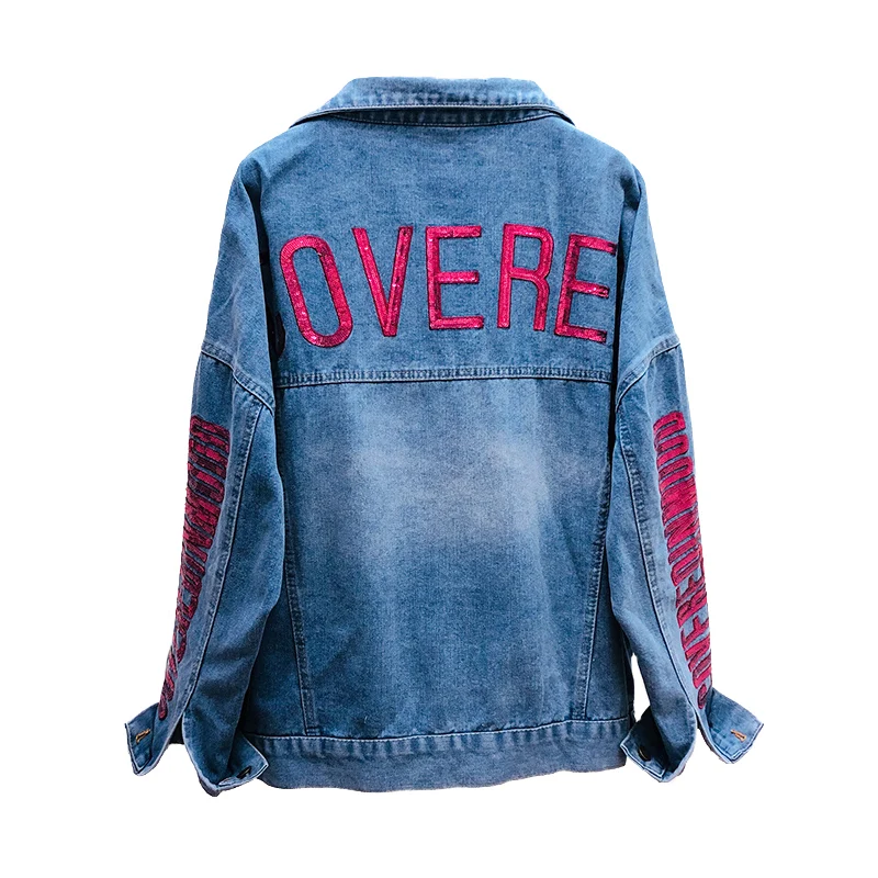 Neploe Autumn Fashion Women Sequine Letters Demin Coat Turn-down Collar Long Sleeve Cowboy Single Breasted Jeans Jackets 54371