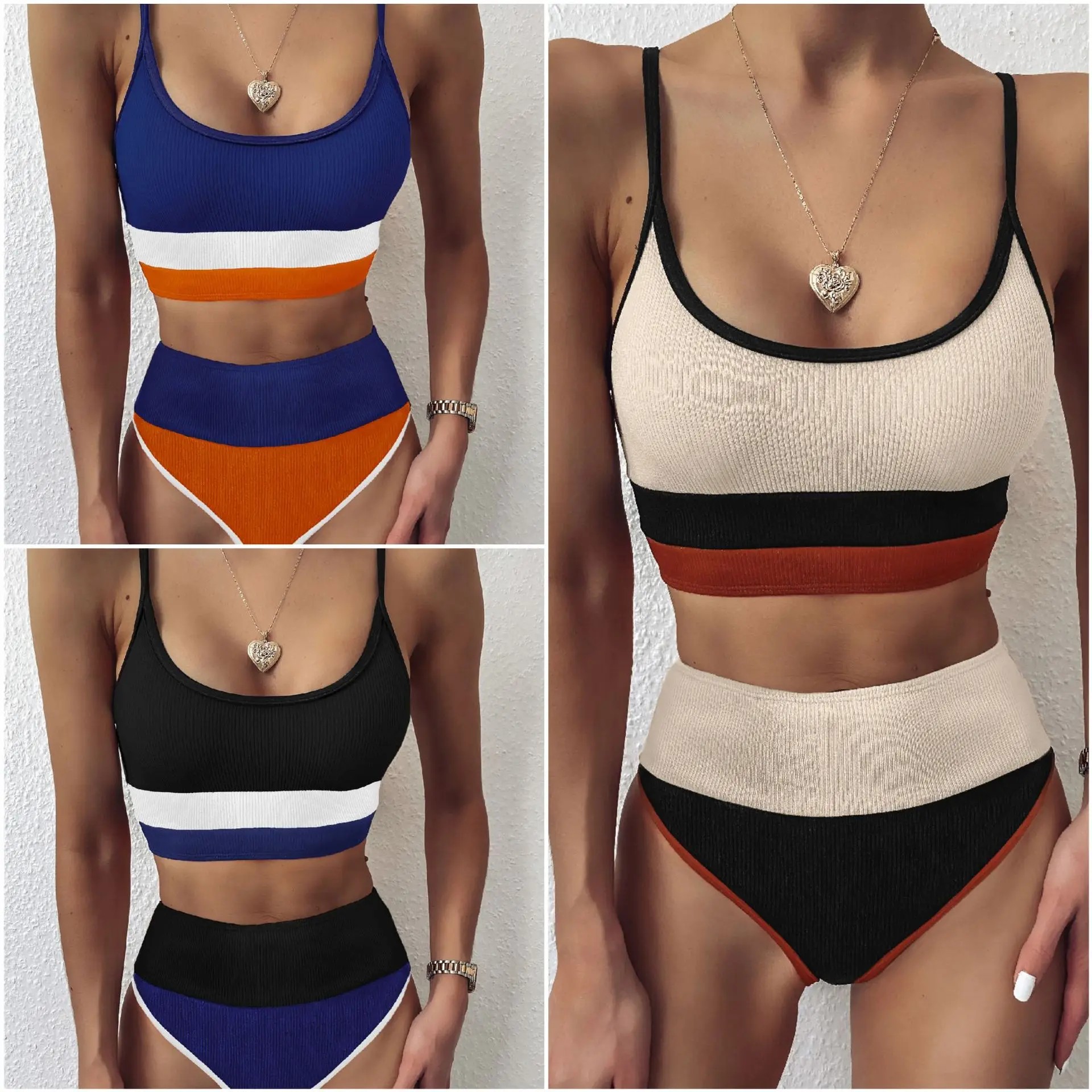

Swimsuit Set Women European-American Women's One-piece Swimsuit Pit Strip Stitching Sexy High-Waisted Bikini Vest