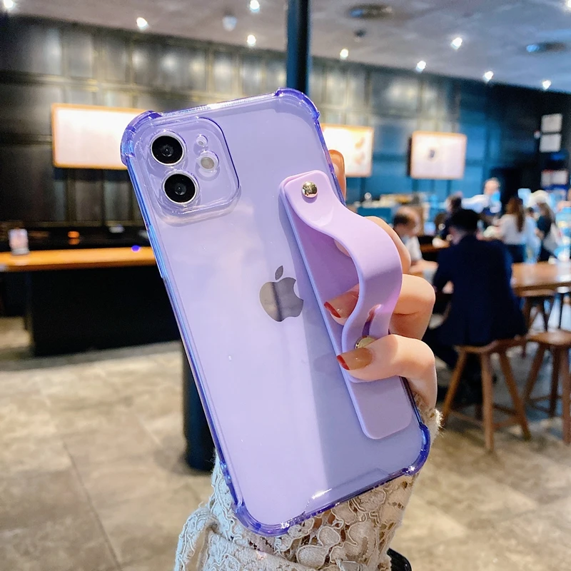 thumbnail image 1 of Soft Wrist Strap Phone Case For iPhone 11 12 13 14 Pro Max X XR Xs Max 7 8 Plus SE 2020 Mini Kickstand Transparent Bumper Cover, 1 of 5