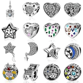 

NEW 100% 925 Sterling Silver Charm Vintage Cubic Zirconia Stone Star Antique Hollow Moon Beads Fit Women Bracelet Jewelry Gift