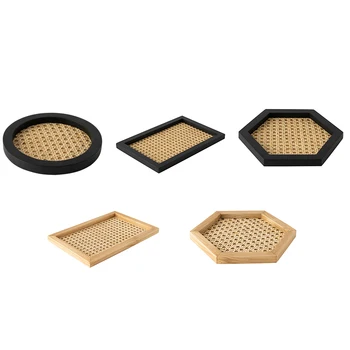 

Home Nordic Rattan Woven Tray Wooden Handmade Ins Wind Rectangular Geometric Ornament Key Storage Tray