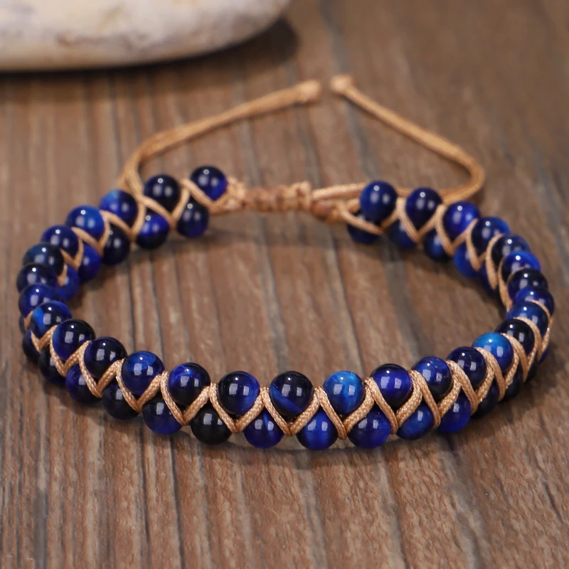 Natural Blue Tiger Eye Bracelet Braided Cuff Bracelet
