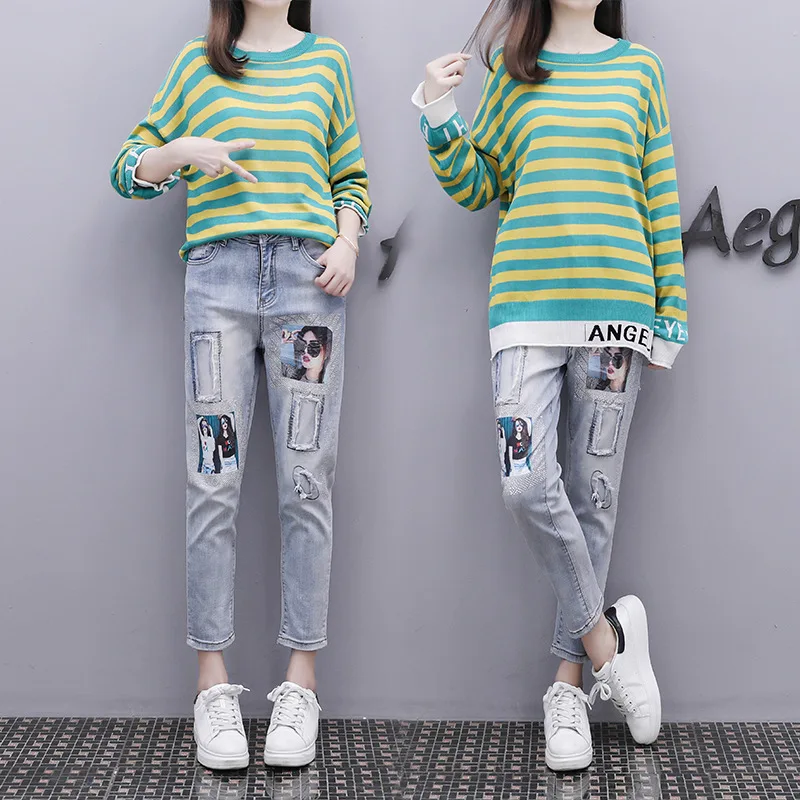 

2019 Autumn New Style Large Size Dress Korean-style Slimming Fashion Stripes Sweater Sweater Jeans Two-Piece Set Fashion
