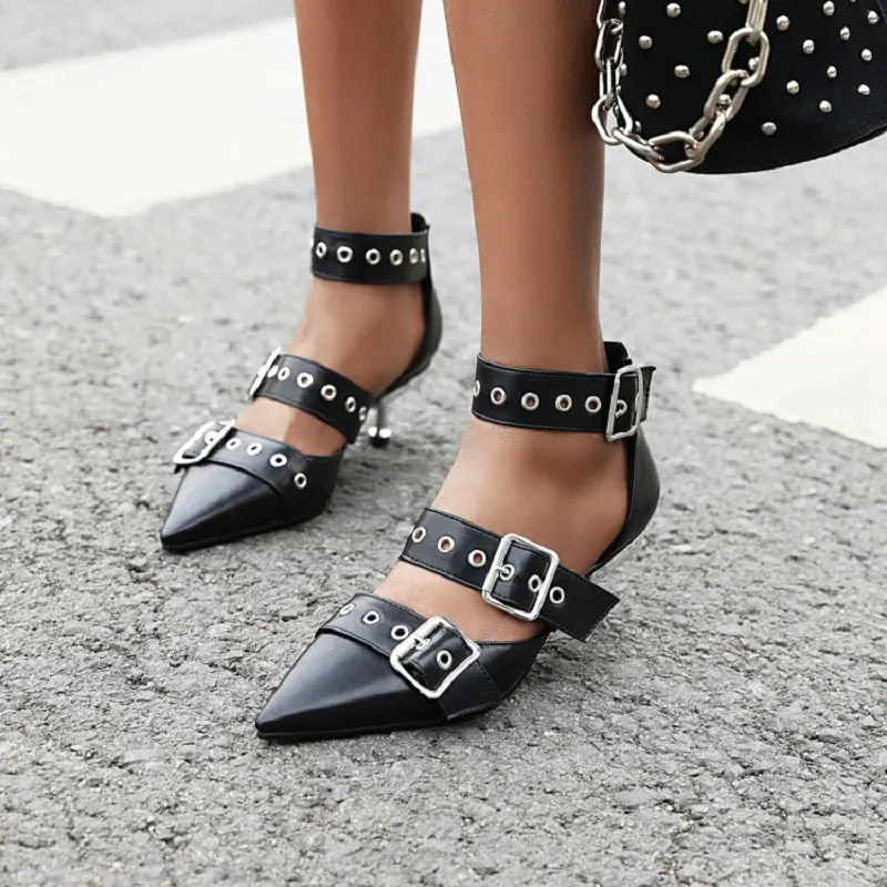 

Sianie Tianie big size 34-48 punk rock pointed toe buckle strap woman sandals strange high heels 6cm gothic women pumps shoes