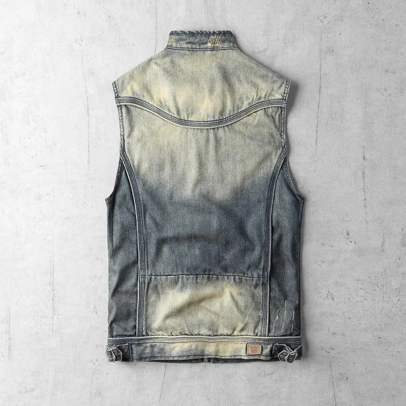 

Spring Summer Sleeveless Denim Coat Vest Men Vintage Work Zipper Jacket Street Style Stand Collar Slim Cowboy Biker Vest 3XL