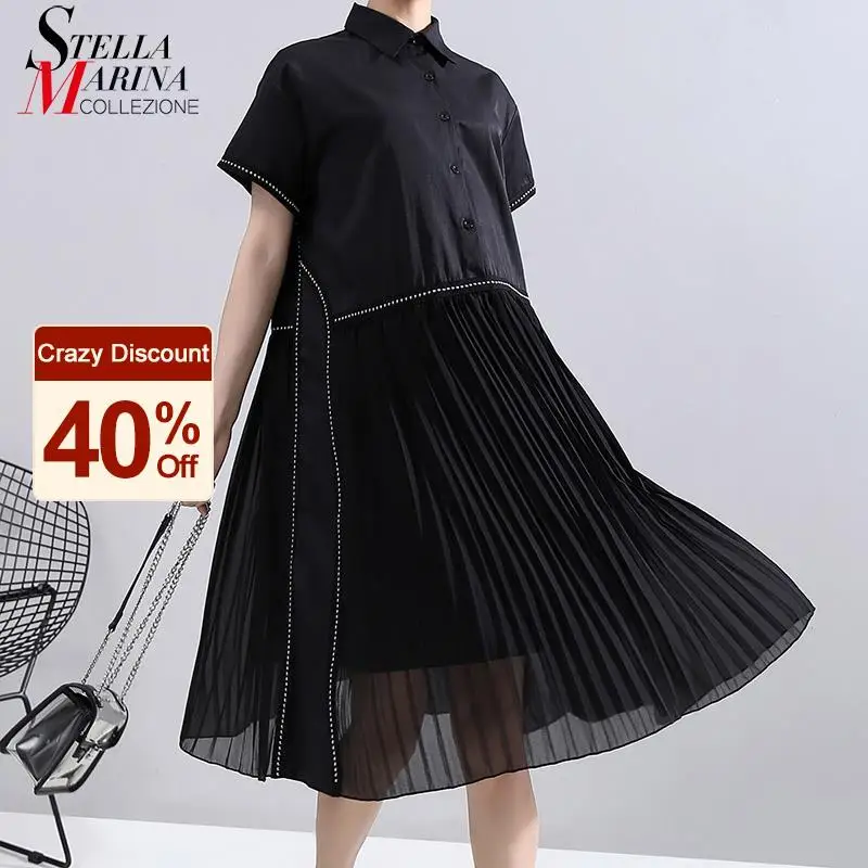 Buena Compra Nueva moda mujer verano coreano Estilo negro camisa plisada vestido de gasa con diseño de retales de señoras lindo Casual Midi Dress traje 6168 nlKLKaw5Z