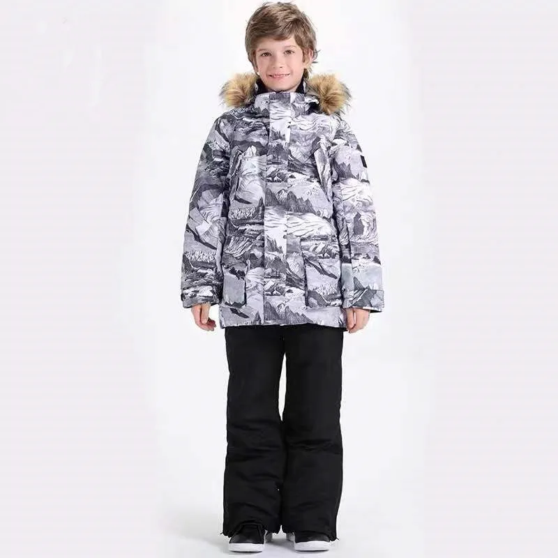 Костюмы для сноуборда для мальчиков; зимняя куртка с брюками; Детские лыжные костюмы; брюки и куртка; зимняя одежда для детей
