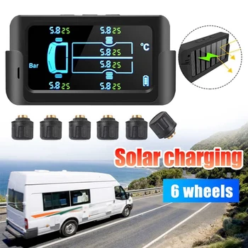 

Car Solar Smart TPMS Tire Pressure Monitoring System Digital LCD Display Security Alarm 6-Wheel Sensors 122PSI 8.5Bar