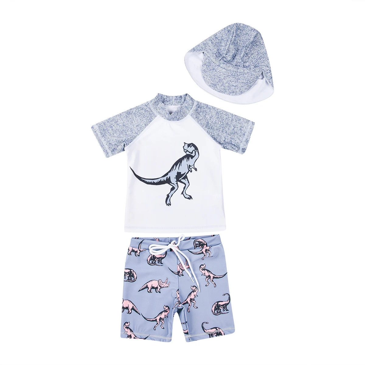 Комплект из 3 предметов для маленьких мальчиков, Летний милый пляжный купальный костюм с динозавром, детский топ с короткими рукавами, шорты, купальный костюм+ шапочка