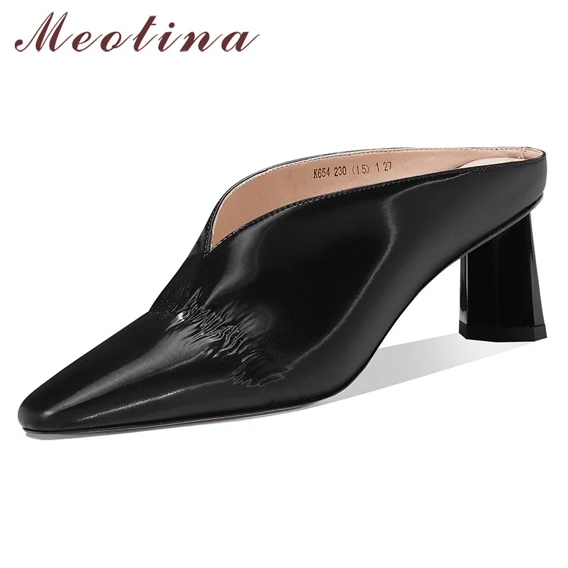 

Meotina High Heels Women Pumps Natural Genuine Leather Strange Style High Heels Mules Shoes Cow Leather Square Toe Shoes Ladies