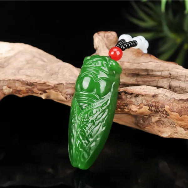 Натуральный зеленый белый китайский нефрит кулон Цикада бусы ожерелье модный шарм жадеит ювелирные изделия Резные амулеты Подарки для женщин мужчин