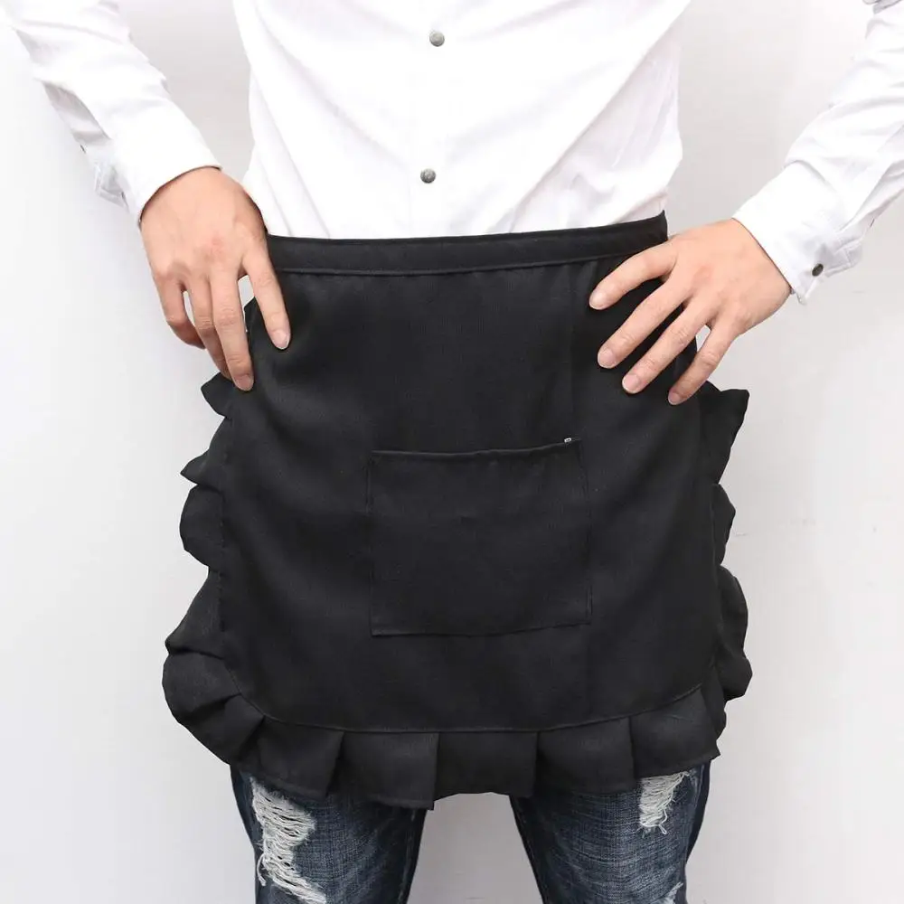 Cute Floral Short Waist Kitchen Apron Lace Half Waist Bib Maid Costume with Pocket Kitchen Party Favors for Women Waitress (Whit