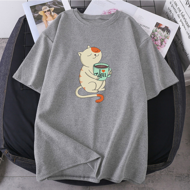 Love Cat Print O-neck 2021 T-shirts Woman Hip Hop Streetwear Tops Fashion High Quality Clothing Short Sleeve Tees K-pop Female