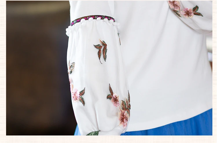 KYQIAO ethnic t shirt women tops winter autumn bohemian design turtleneck long lantern sleeve white embroidery shirt