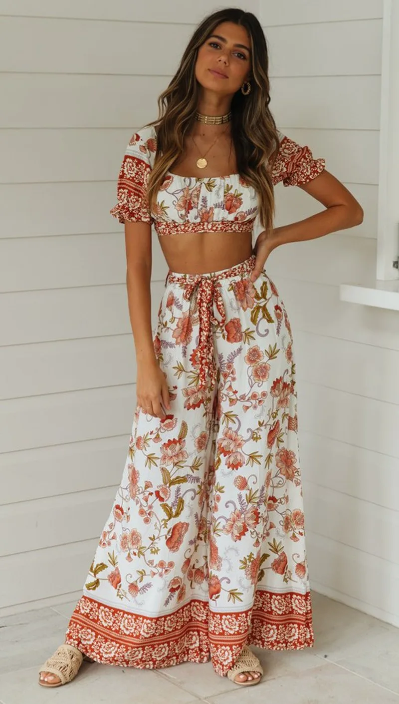 Foridol boho Цветочный принт женские наборы 2020 летние пляжные широкие брюки костюмы