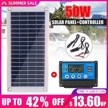 

50W Dual USB 12V Solar Panel with Car Charger + 10/20/30/40A/50A USB Solar Charger Controller for Outdoor Camping LED Light