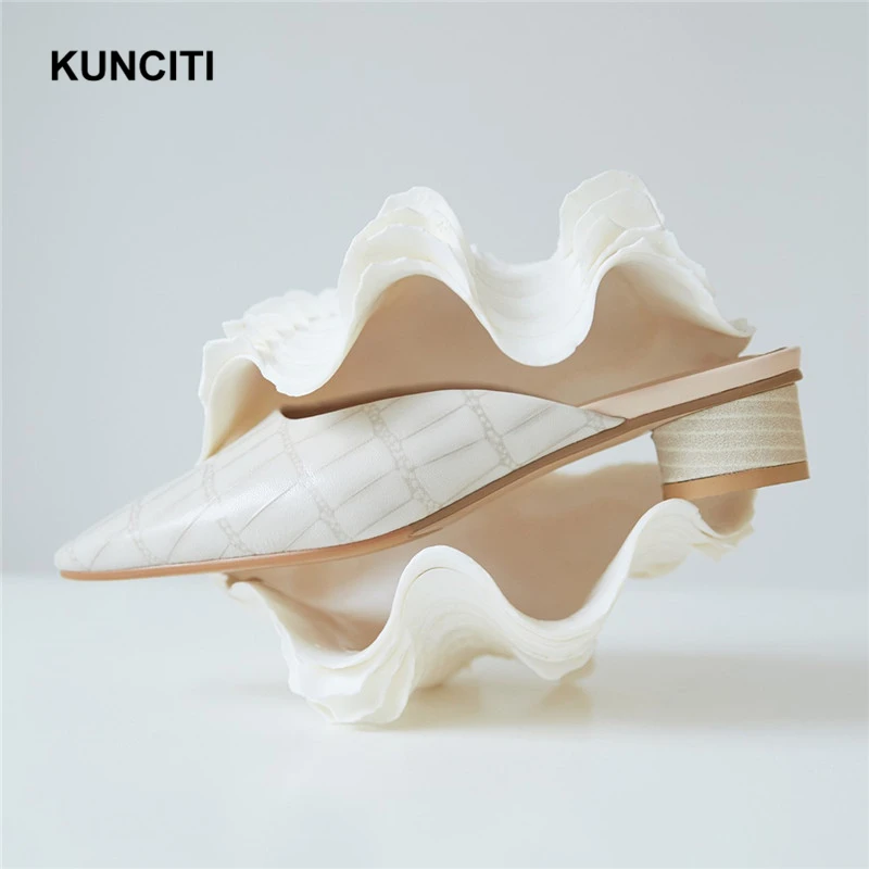 KUNCITI Designer Slippers Embossed Genuine Leather Low Heel Mules Outside Runway European Newest Shoes Fashion Online T002