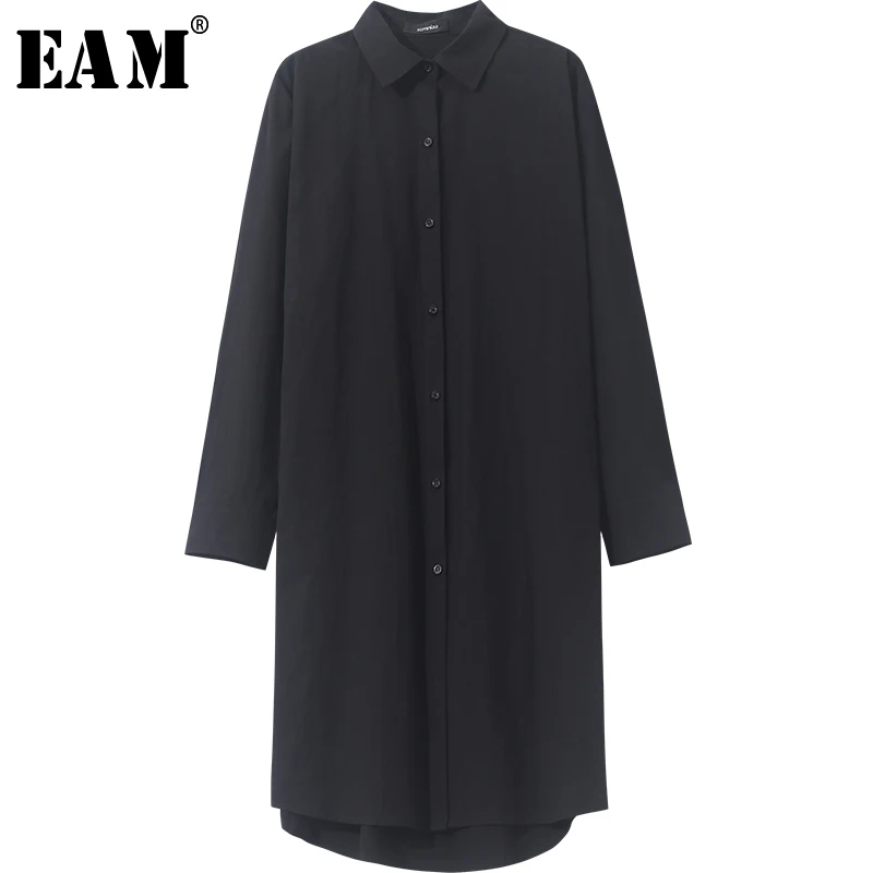 

[EAM] Women Black Shirt Pocket Causal Dress New Lapel Neck Long Sleeve Loose Fit Fashion Tide All-match Spring Autumn 2019 1A161