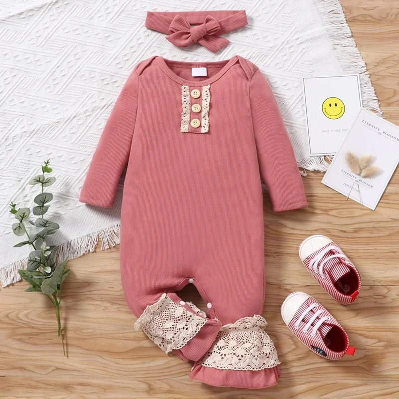 

Baby Girl Clothes Spring Fall 2 Pcs Solid Lace Long Sleeve Flares Baby Rompers+headband Casual Comfortable Baby Clothes 0-18M