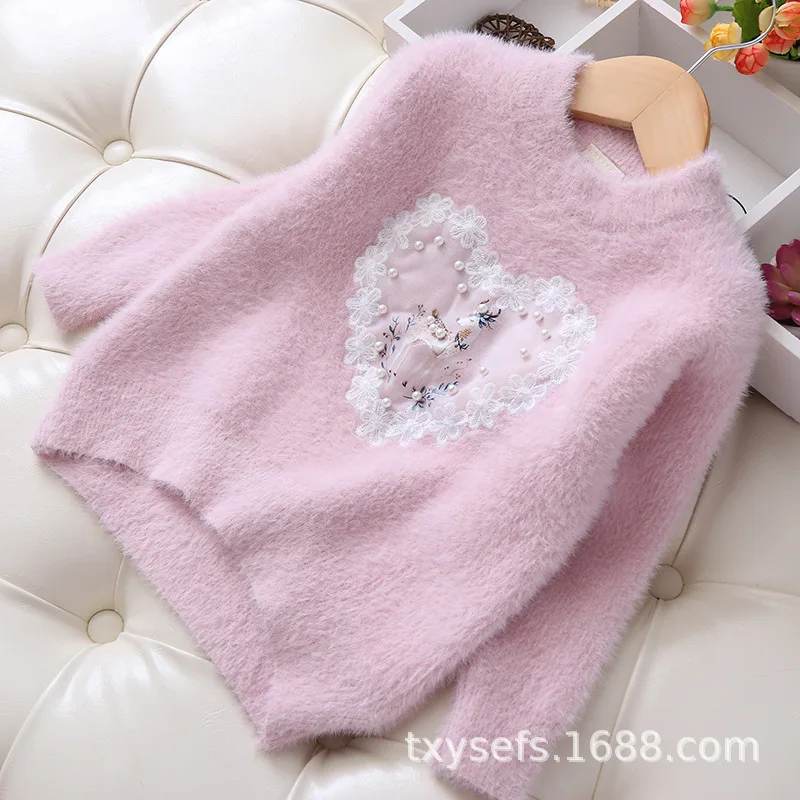 Bf-bk0032 детский кашемировый свитер из искусственного меха норки, украшенный бусинами и оленем, осенний стильный Детский свитер для девочек
