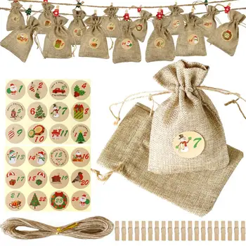 

New Year Advent Calendar Bags Set 24 Days Burlap Advent Calendar Gift Drawstring Bags DIY Christmas Embellishments With Clips