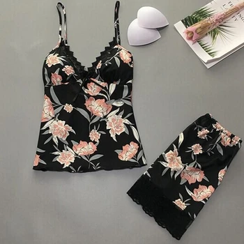 

Summer Pajamas Set Women Sleeveless Camis Lace Sexy V-neck Camis Ladies Sleepwear Satin Cami See Through Pajama Mujer