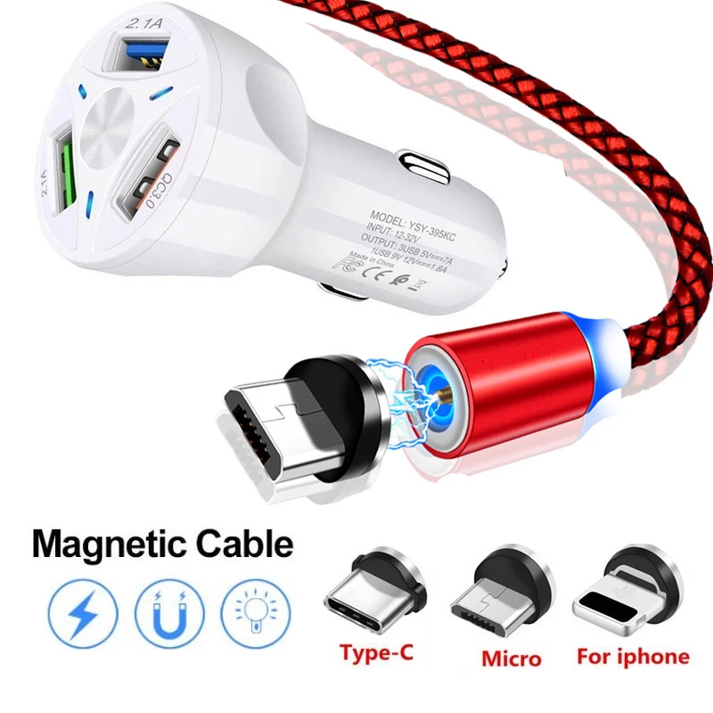 Магнитный светодиодный кабель Micro usb type-C для iPhone 11 XS XR Xiaomi 8 9 SE 9T Pro A2 A3 Lite F1 MAX 3 QC 3,0 Быстрый кабель для автомобильного зарядного устройства