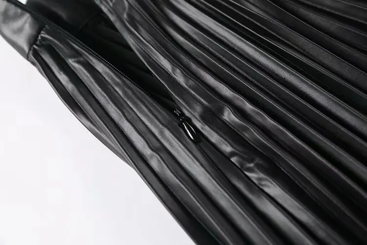 2020 New Fashion Womens Pleated Skirt High Waist Loose Faux Leather Skirts Black Casual Belt Zipper Streetwear Autumn Skirt