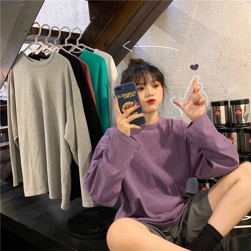 

Multicolor Women's T Shirt Solid Casual Loose Embroidery Wild O-neck Pullover Long Sleeve Female Korean Ins Harajuku Clothing