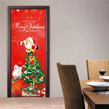

3D Christmas Door Sticker Christmas Tree Santa Claus Gift Pink Fireplace Snowman Street Sign Castle Home Decors