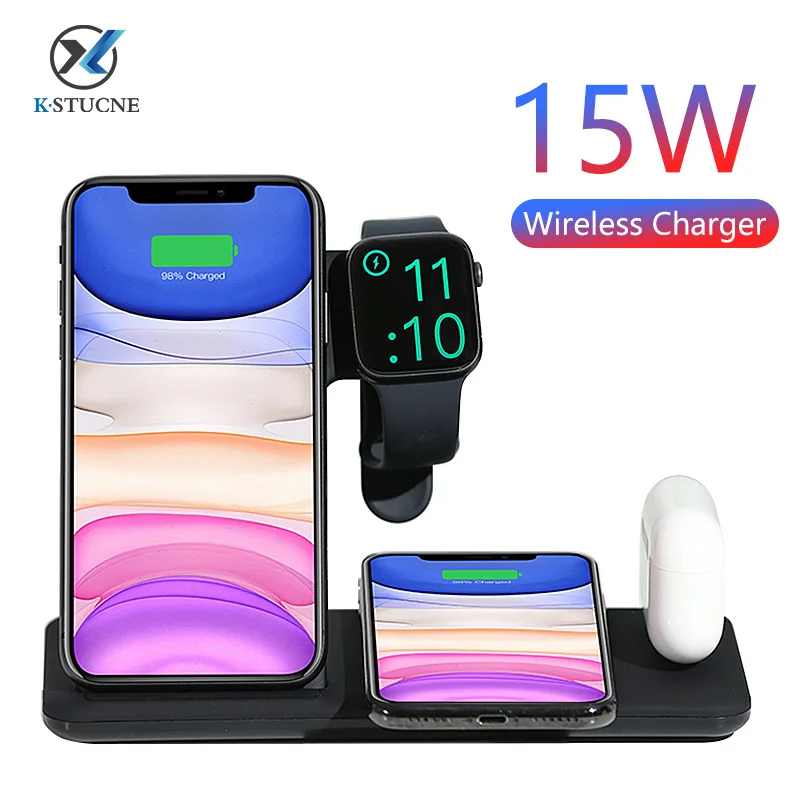 KSTUCNE 4 in 1 Wireless Charger Stand For iPhone 12 Pro 11 XS XR X 8 For Apple Watch 6/5/4/3/2 Airpods Qi 15W Fast Charging Dock