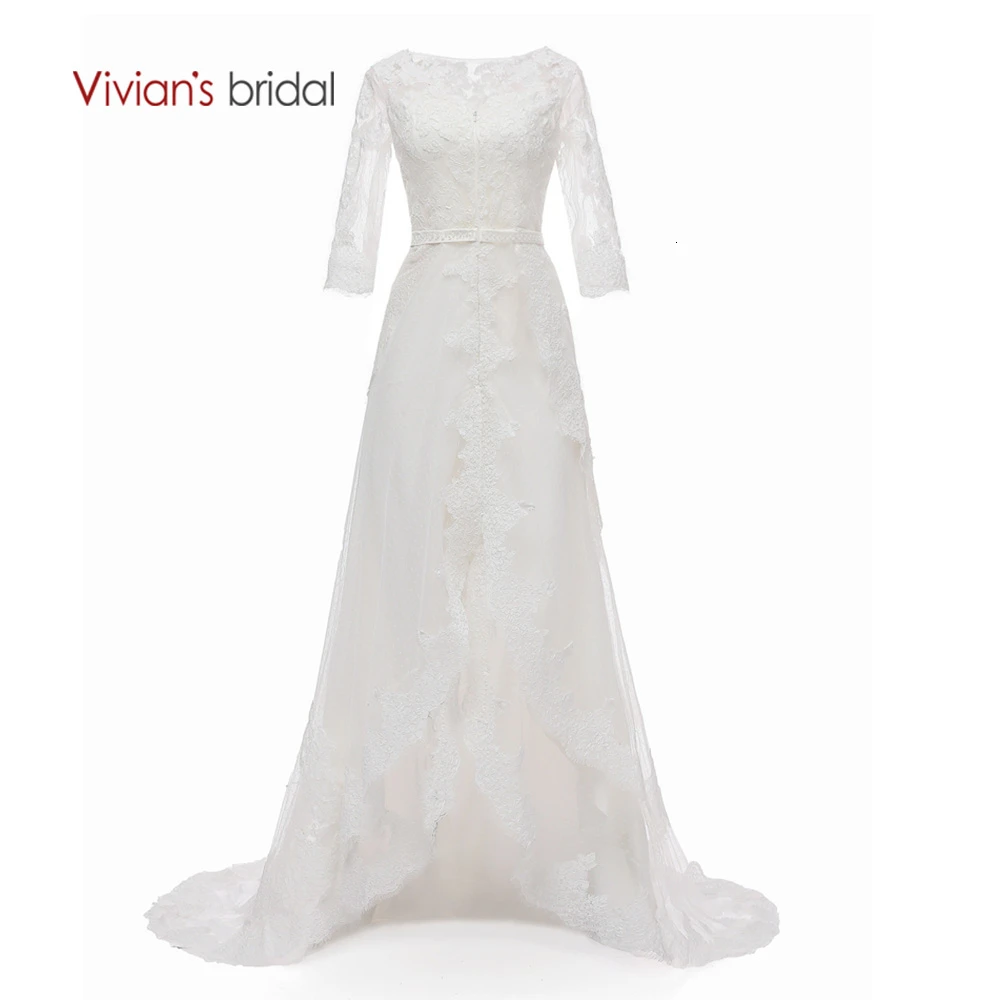 Vivian's Bridal Boho Spot Lace свадебное платье, милое, высокое, низкое, передняя молния, Tiere, слой, разрез, половина рукава, Пляжное свадебное платье