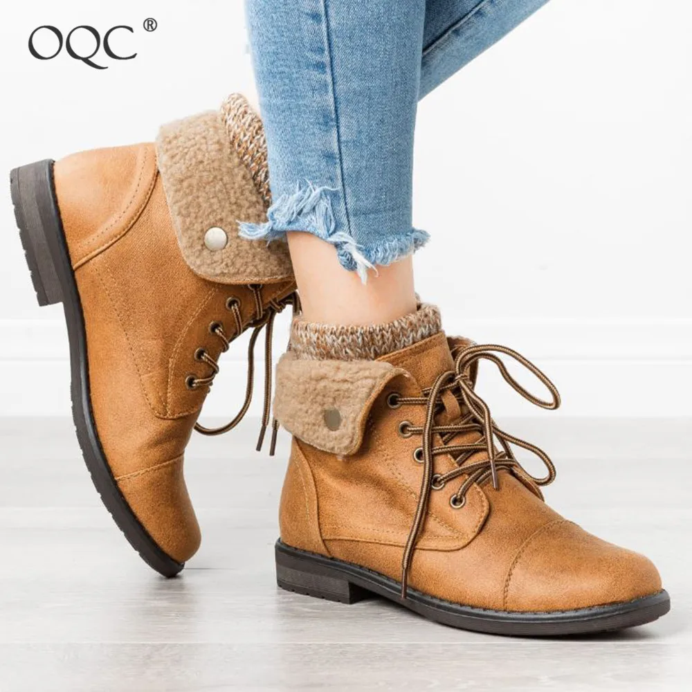 

OQC Women Sweater Cuffed Combat Ankle Boots Fall Winter Warm Plus Velvet Wool Mouth Flanging Lace Up Chunky Heel Casual Boot D25