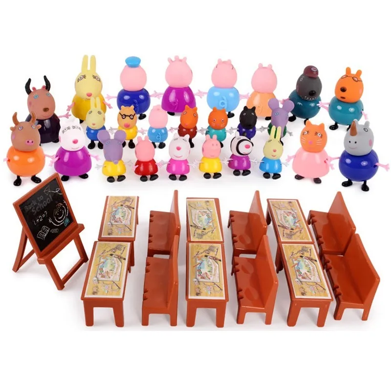 25pcs and classroom 25 шт. Свинка Пеппа класс Друзья Набор фигурок игрушки ПВХ аниме торт Figura Свинья Джордж семья мама, бабушка, Grandfa Подарочная игрушка для ребенка - Цвет: 25pcs and classroom