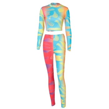 

Women 2 Piece Workout Outfits Long Sleeve Turtleneck Crop Top High Waist Leggings Neon Color Block Tie-Dye Tracksuit
