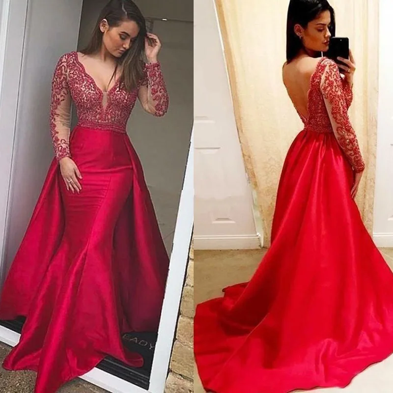 

Red Mermaid Evening Dresses 2021 V Neck Long Sleeves Satin Lace Appliques Sexy Backless Prom Party Gowns Detachable Skirt