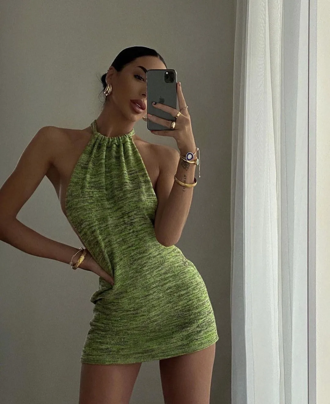 Green halter neck backless dress Outlet