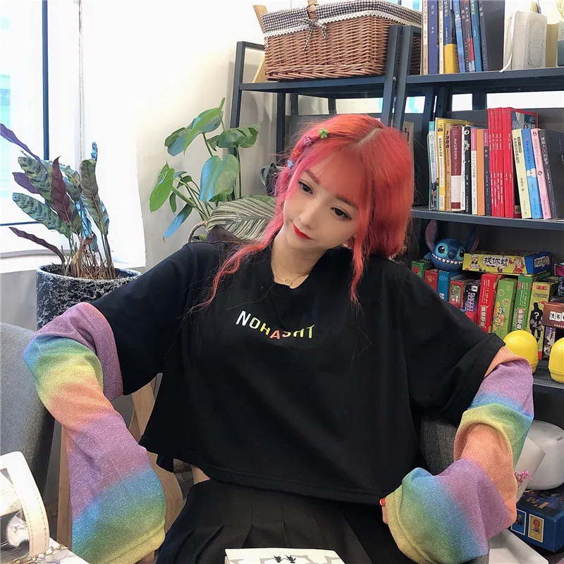 Футболки HARAJUKU женские в Корейском стиле радужные с длинным рукавом Лоскутные свободные топы тройник Повседневная футболка женская летняя уличная