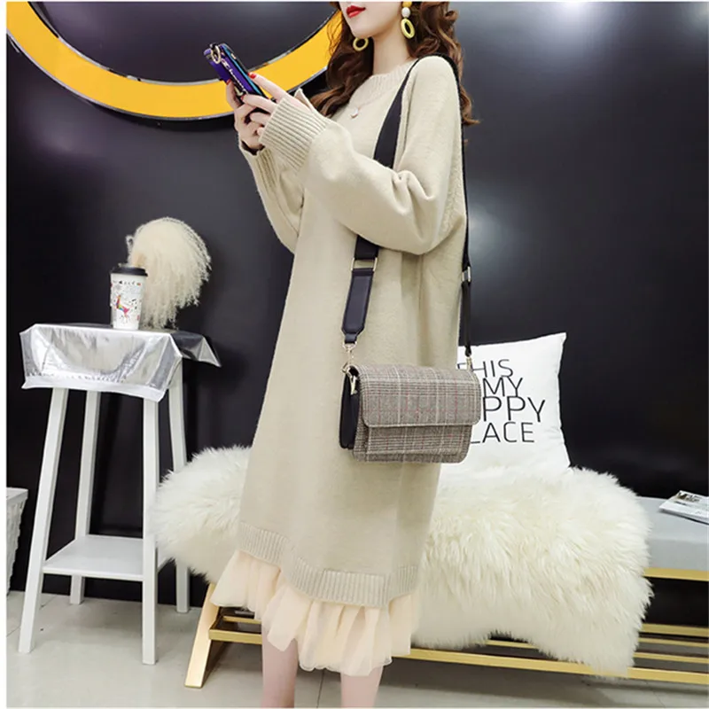 

Autumn Winter Thick Long Knitted Sweater Dress Women Loose Jumper Ladies Korean Blue Black Khaki Knitting Pullover Tops Female