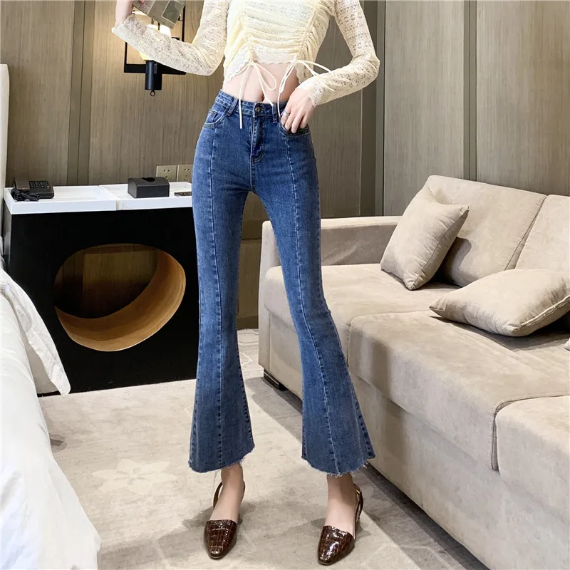 High-waisted jeans washed and stitched jeans show skinny high-waisted slightly laundered trousers for women